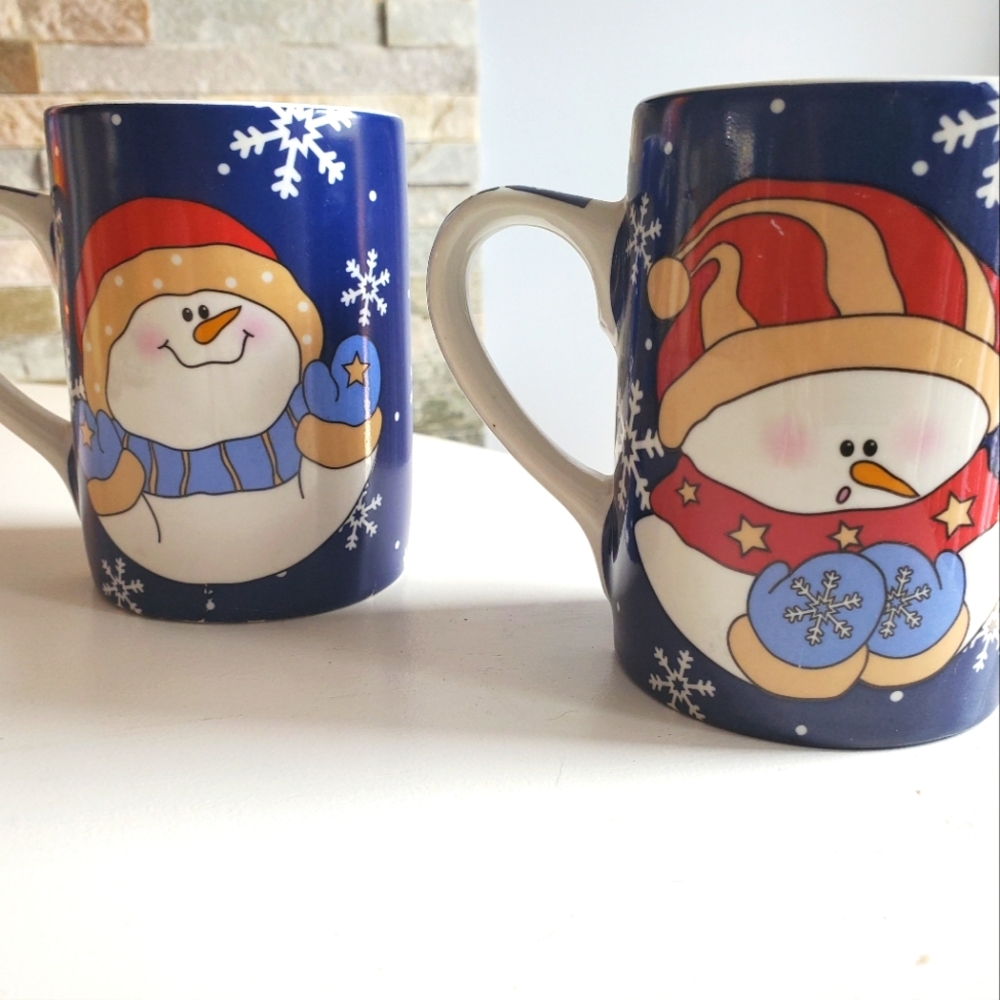 Snowman mugs set of two. Tea coffee cups  Holiday Joy